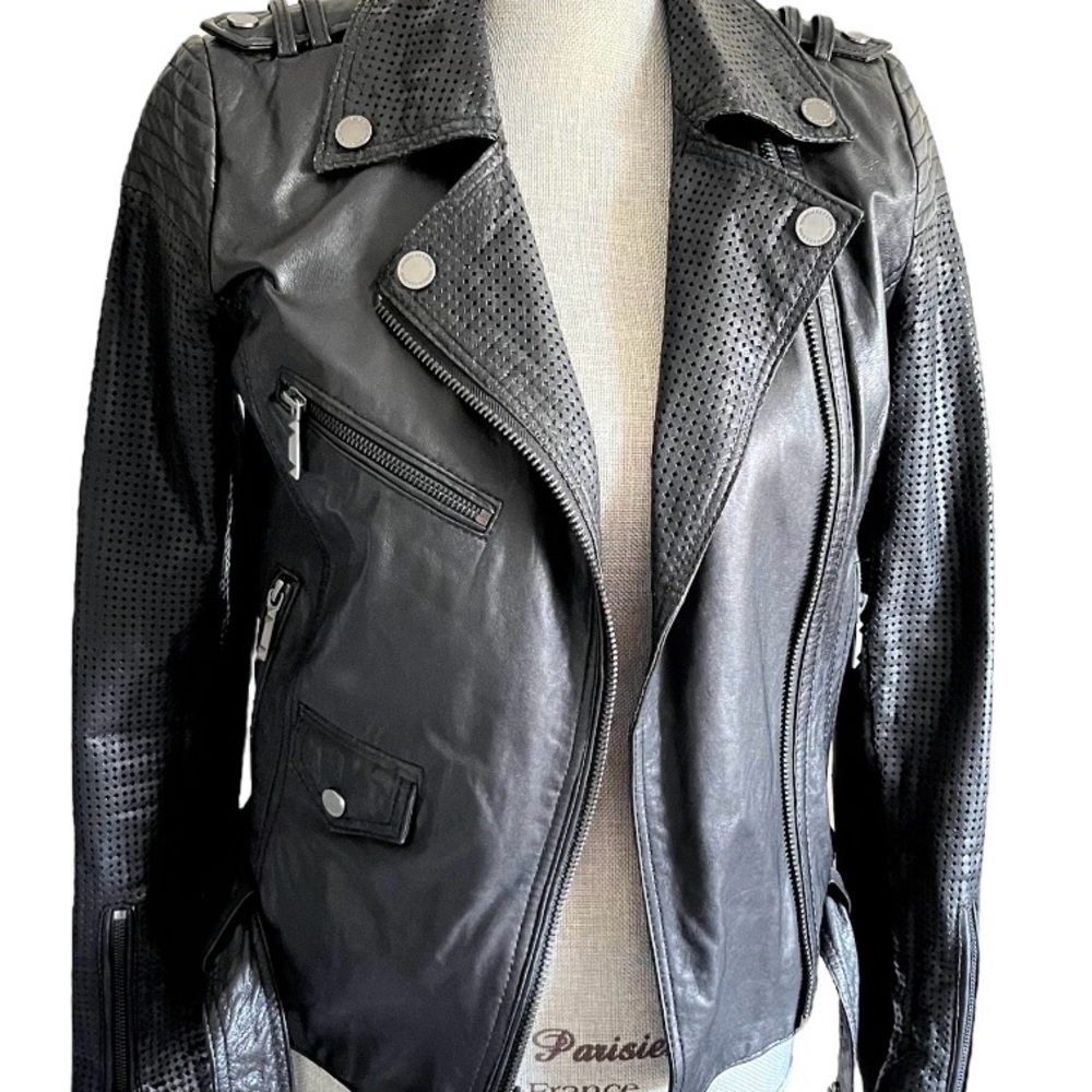 BGBC Black Belted Leather Motorcycle Woman Jacket XS - Picture 4 of 13